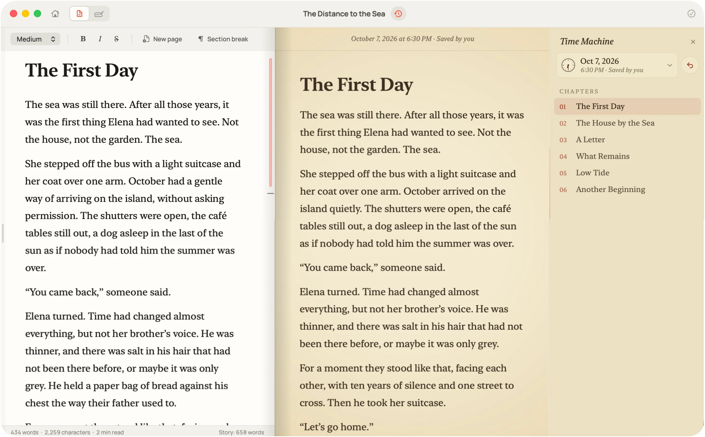 The Time Machine: the current page on the left and an older version on aged, yellowed paper on the right